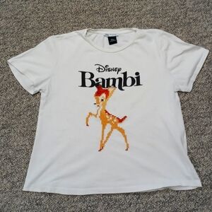 Zara Disney Collab Bambi T-Shirt Embroidered White Cross Stitch M